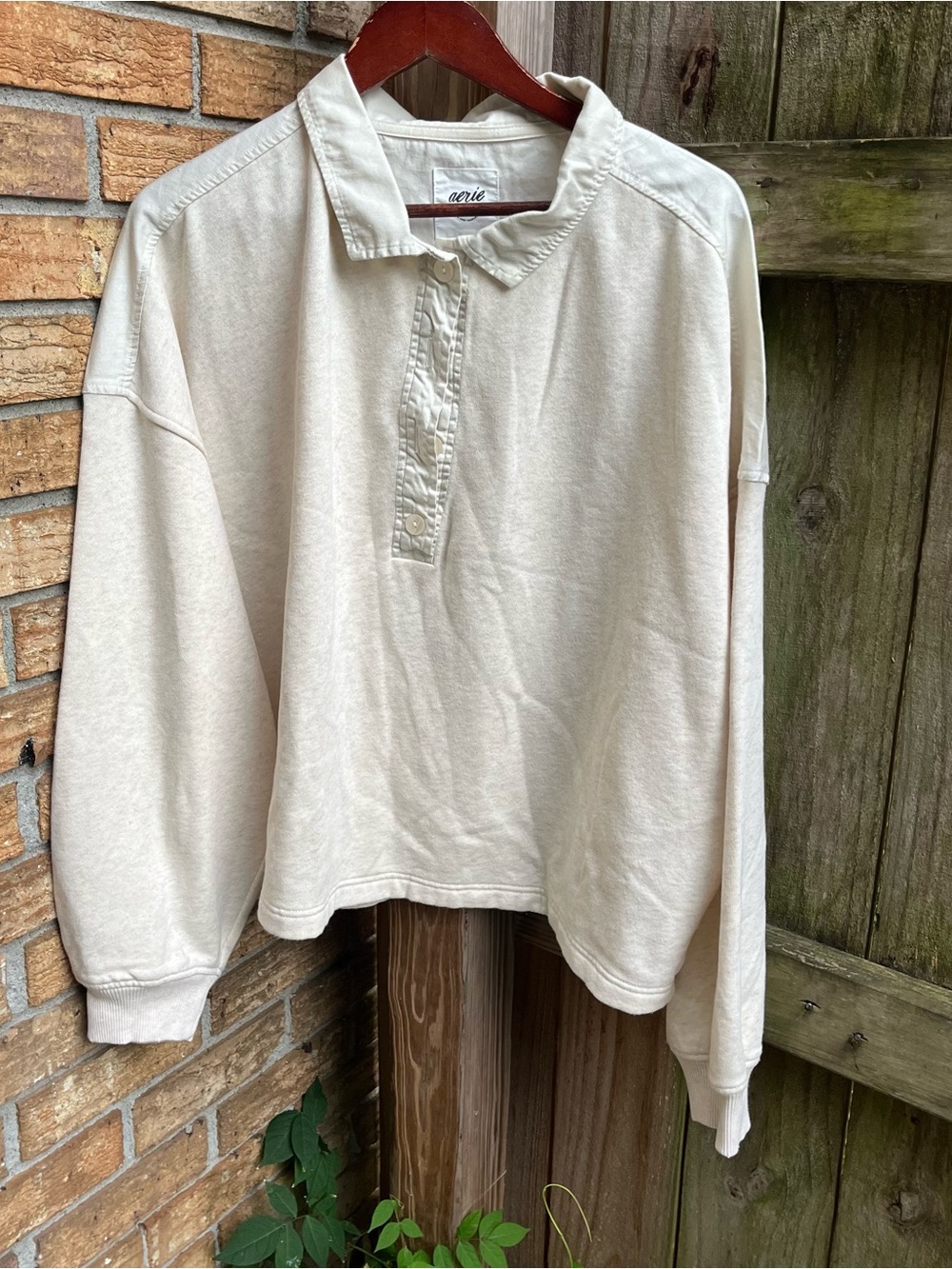 Aerie Oversized Cream Long-Sleeve Polo Sweatshirt